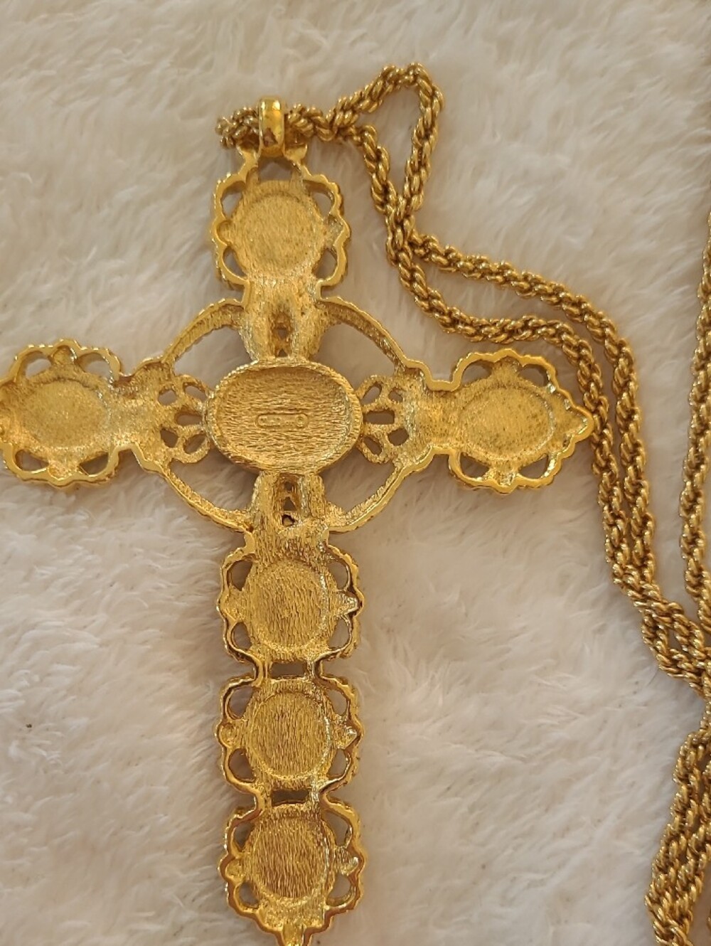Dior Gold-Tone Cross Necklace with Green and Red Cabochons - Picture 3 of 5